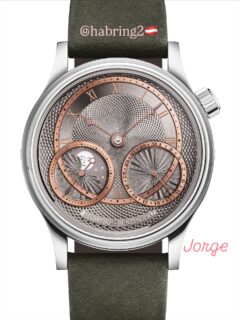 @habring2 🇦🇹 Habring² also needs no introduction to passionate watch enthusiasts. Richard and Maria Habring’s small company caused a stir when it decided to build its own movements years ago. And now, one of these in-house movements is breathing life into Jorge.
‘Jorge’s hand-wound movement is largely identical to that of our Oskar model. However, we have modified some details,’ explains Richard Habring. “The moon phase of the Jorge model is slightly larger than that of Oskar. An additional corrector at 9 o’clock is used for correction, while the date corrector is located at 3 o’clock. Richard and I have known Jochen Benzinger for years through a series of customer projects,’ says Maria Habring ; the experience and expertise of Jochen Benzinger and Habring². Benzinger created the face of the new timepiece. Benzinger needs no introduction to watch connoisseurs.He works with machines that are sometimes over a hundred years old. He manufactures many components and decorations by hand. Habring² is one of the few who engraves Benzinger’s name on the dial as an equal. Benzinger dials are hard to beat, ‘which is why we opted for small series of handmade steel hands, which we oxidise ourselves over an open flame to give them a reddish-brown colour and fit with hand tubes,’ says Richard Habring, describing another aesthetic detail of Jorge. When designing the dial, Jochen Benzinger was unable to conceal the significant influence that George Daniels had on his work. British watchmaker Daniels (1926 to 2011) is considered one of the most important watchmakers of the 20th century. His watches are known for their ornate decorations, especially guilloché movements and dials. He combined technical innovations – such as the invention of the co-axial escapement – with classic craftsmanship.
It therefore comes as no surprise that George Daniels is not only a great role model for everyone, but that the new Jorge model also has the honour of paying tribute to the late master. Anyone who wears Jorge on their wrist is not only paying homage to Jochen Benzinger and Maria and Richard Habring, but also, in a way, to the British master George Daniels. @martinpulli 🇺🇸 @habring2 🇦🇹